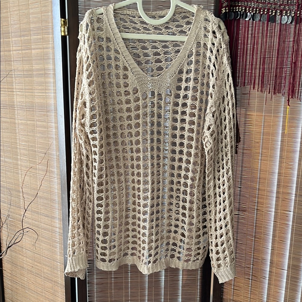 Beige Crochet V Neck Knit Sweater